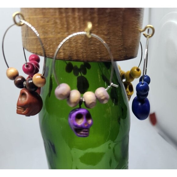 Skull Colorful Wine Glass Charms Set - 6 Themed Unique Charms With Beads & Wood - Picture 5 of 13